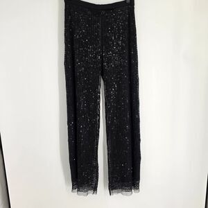 Vivienne Tam Black Sequin Mesh Wide Leg Pants Size 1 Sheer Evening Y2K